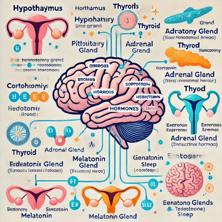 내분비선 사이의 연결과 그것이 기분 , 스트레스 , 기억 및 수면에 미치는 영향을 강조하면서 호르몬과 뇌 사이의 상호 작용에 대한 교육적 그림