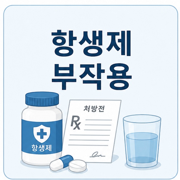 항생제 약통과 처방전, 물컵을 이용해 항생제 복용 중 나타날 수 있는 부작용을 소개하는 그림
