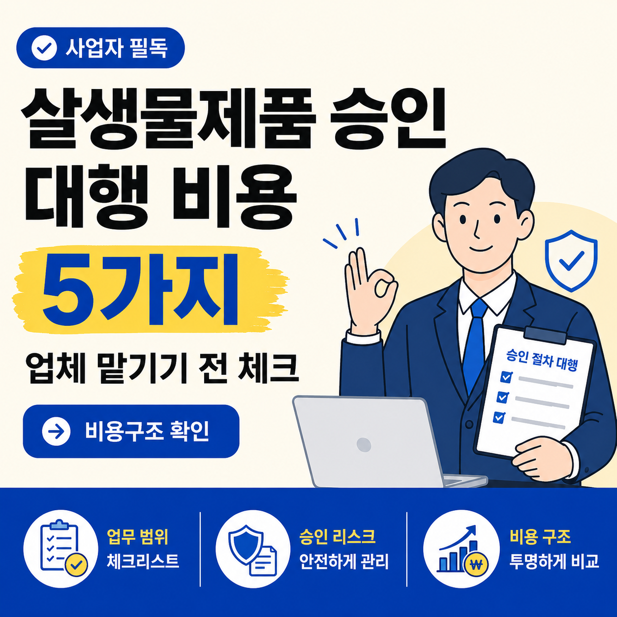 살생물제품 승인 대행 비용을 주제로, 사업자가 업체에 맡기기 전 확인해야 할 비용 구조와 승인 리스크를 안내하는 금융 정보형 카드뉴스 이미지