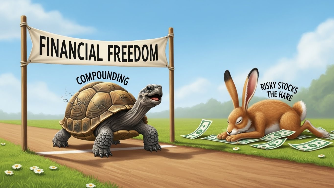 토끼(급등주)를 제치고 결승선(경제적 자유)에 먼저 도착해 웃고 있는 거북이(꾸준한 적립식 투자)의 모습