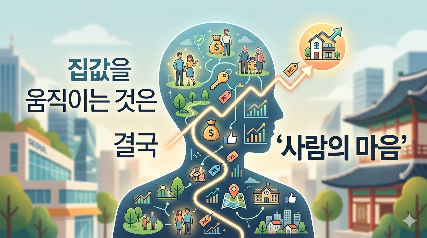 사람의 실루엣 안에 집, 돈, 행복한 가족의 모습이 연결된 모습과 '집값을 움직이는 것은 결국 사람의 마음'이라는 문구가 적힌 블로그 썸네일 이미지.