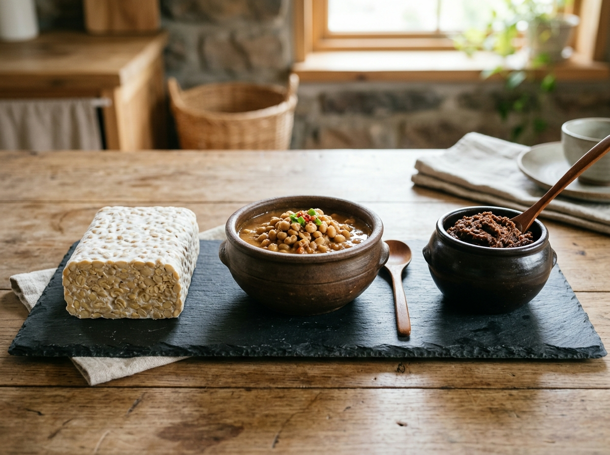 발효 콩 식품, 템페 된장 청국장, 저분자 아미노산, 항영양소 감소