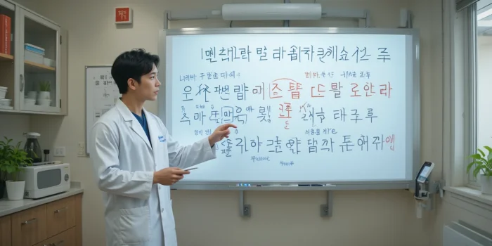 클리닉에서 화이트보드로 nk세포 기능을 설명 중인 영양사