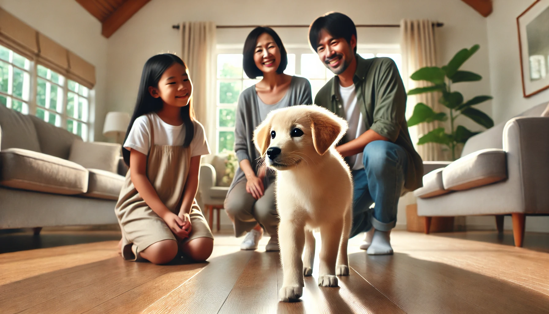햇살이 드는 따뜻한 거실에서 새롭게 입양된 유기견이 조심스럽게 공간을 탐색하고 있고, 그 모습을 가족(어머니, 아버지, 자녀)이 따뜻한 미소로 지켜보고 있는 장면.