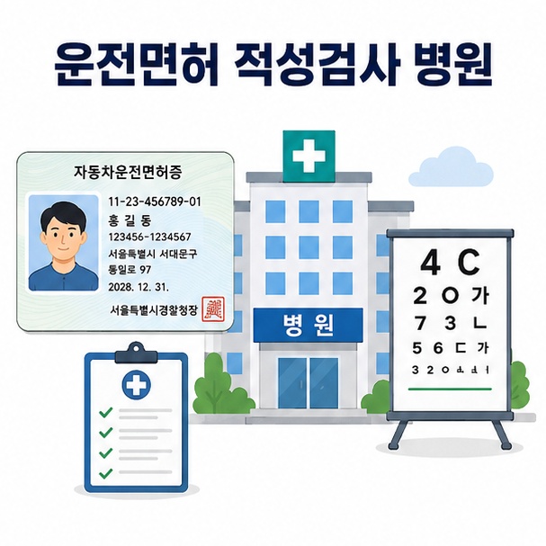 운전면허증과 병원, 시력검사표를 이용해 운전면허 적성검사 병원과 신체검사 정보를 안내한 이미지