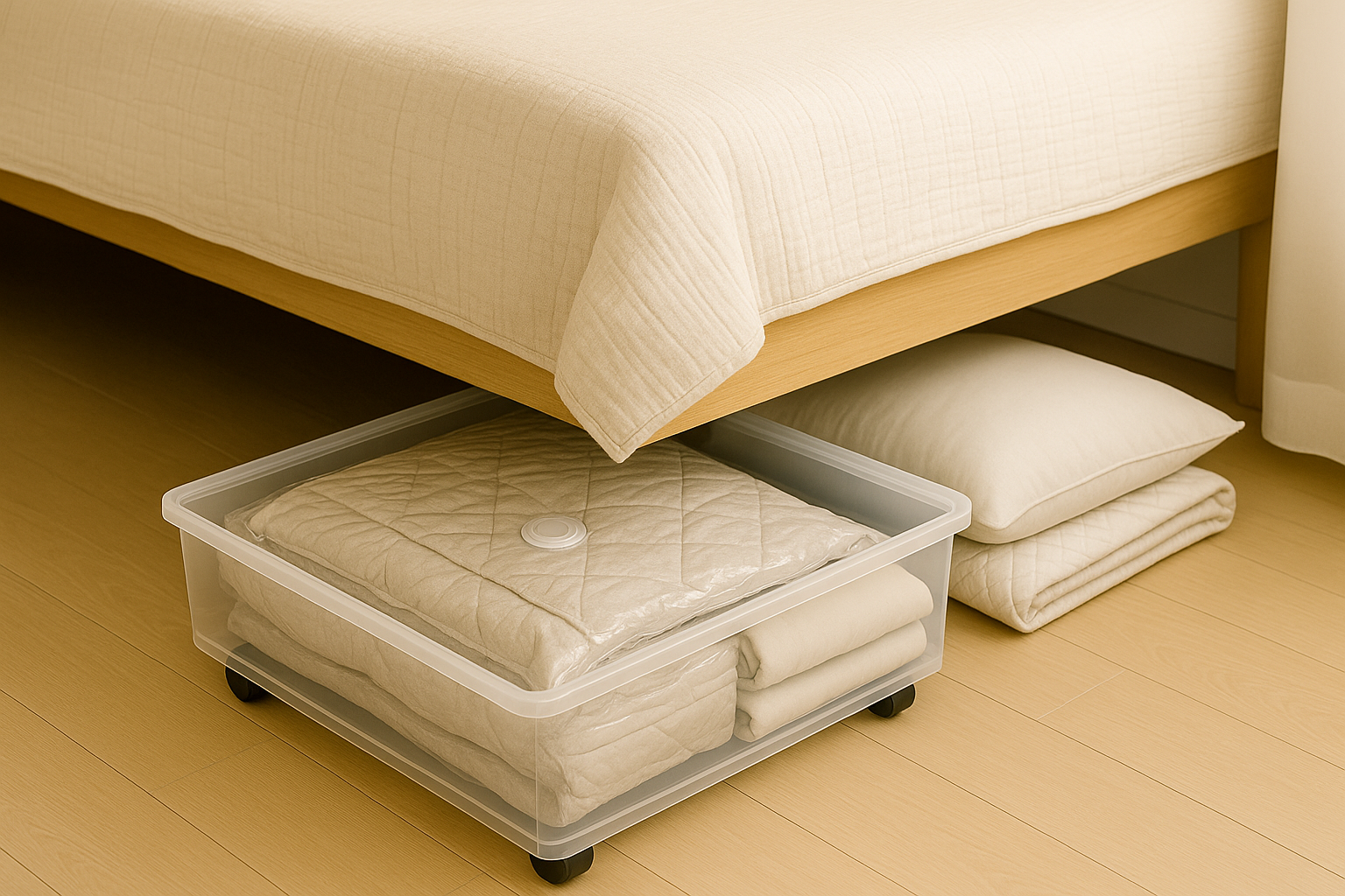 침대 밑 수납 박스에 압축팩으로 줄인 이불이 보관된 모습