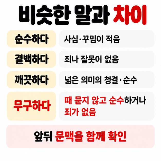순수하다 결백하다 깨끗하다와 무구하다의 의미 차이를 간단하게 비교해 보여주는 카드