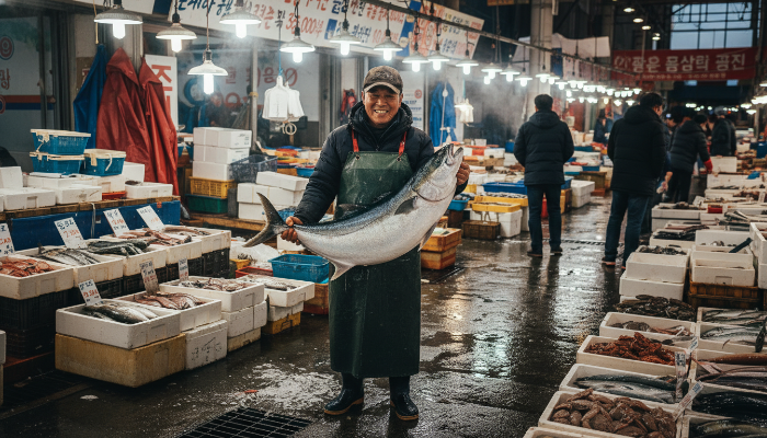 노량진 수산시장에서 상인이 10kg이 넘는 거대한 1월 제철 대방어를 들어 보이고 있는 모습