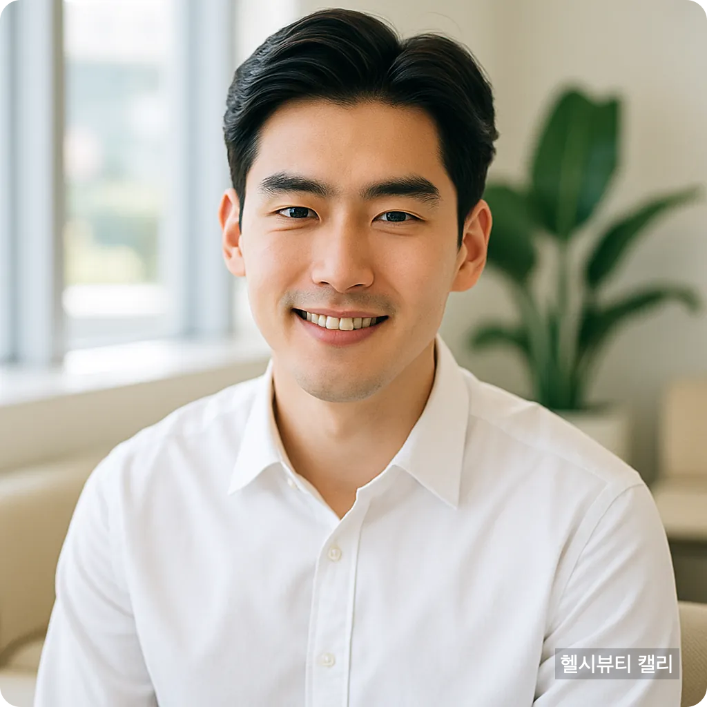 정사각 썸네일 - 밝은 병원에서 미소짓는 젊은 남성