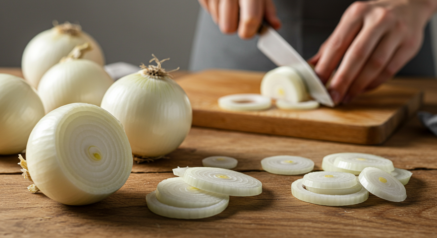 건강에 좋은 양파로 맛있는 요리를 하고 있다