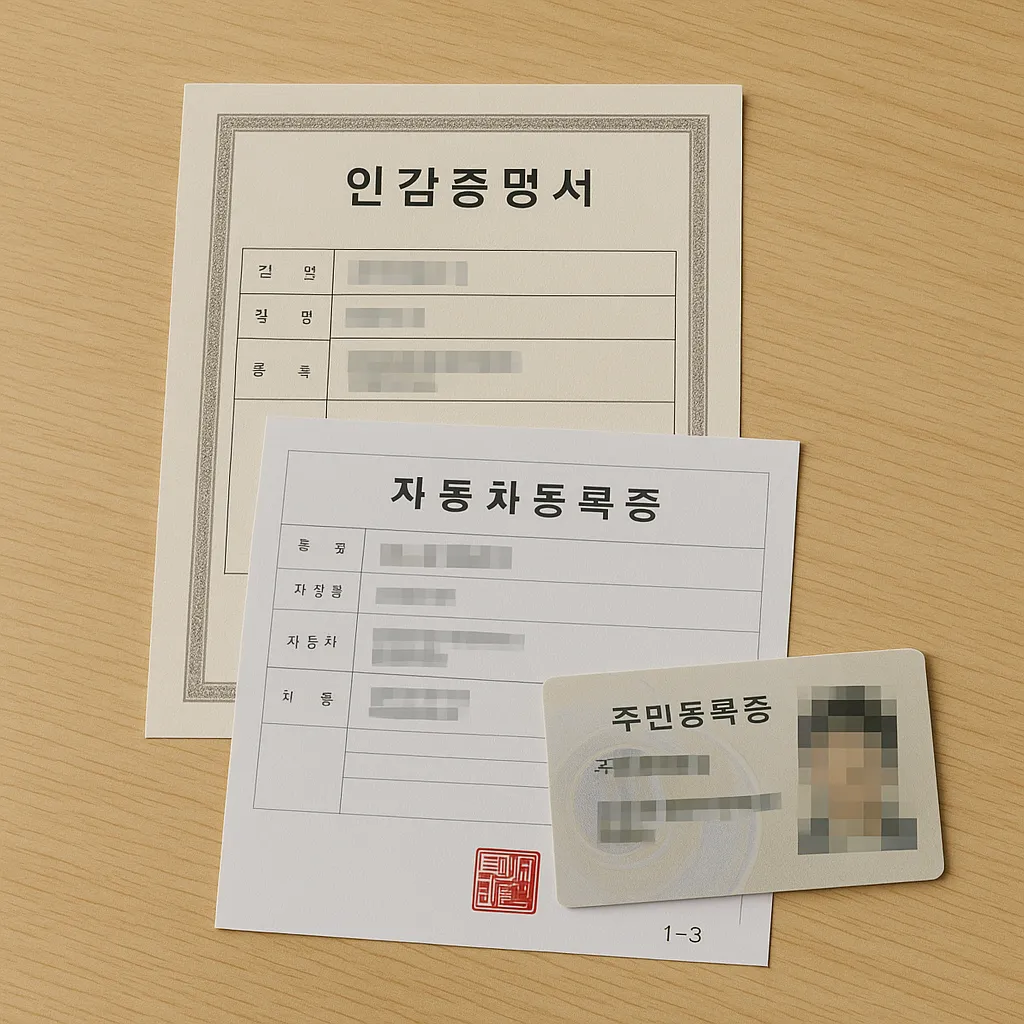 인감증명서, 자동차등록증, 신분증이 책상 위에 정돈된 모습