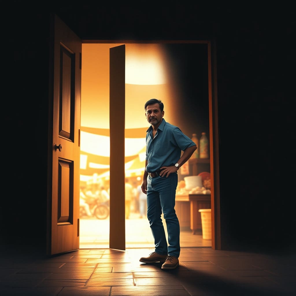 어둡고 닫힌 문 앞에 서 있던 소상공인이, 정부 지원을 상징하는 밝은 빛이 새어 나오는 문을 열고 들어서는 모습입니다. 문 너머에는 활기찬 시장이나 가게의 모습이 보이며, 전체적으로 희망적이고 따뜻한 분위기를 연출합니다.