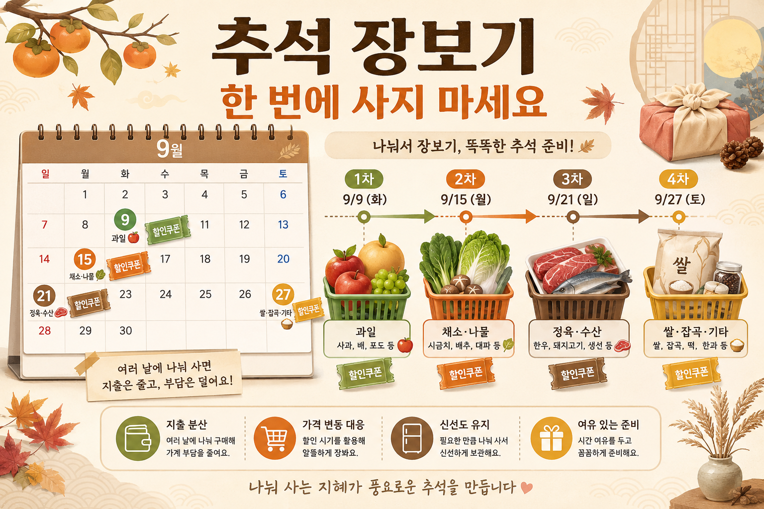 2026 추석 장보기 할인 시기와 구매 순서를 설명하는 이미지