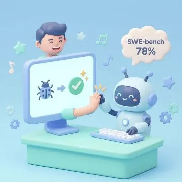 파스텔 톤의 귀여운 3D 스타일 이미지로, 웃고 있는 개발자와 제미나이 로봇 조수가 모니터 앞에서 함께 코딩하는 모습입니다. 로봇이 코드 속 '버그(벌레)' 아이콘을 성공적으로 '체크 표시(✅)'로 바꾸고 있으며, 머리 위에는 제미나이 3.0 Flash의 코딩 성능을 의미하는 'SWE-bench 78%' 말풍선이 떠 있습니다. 즐겁고 쉬운 개발 환경을 제공하는 제미나이 3.0의 코딩 에이전트 기능을 표현하고 있습니다