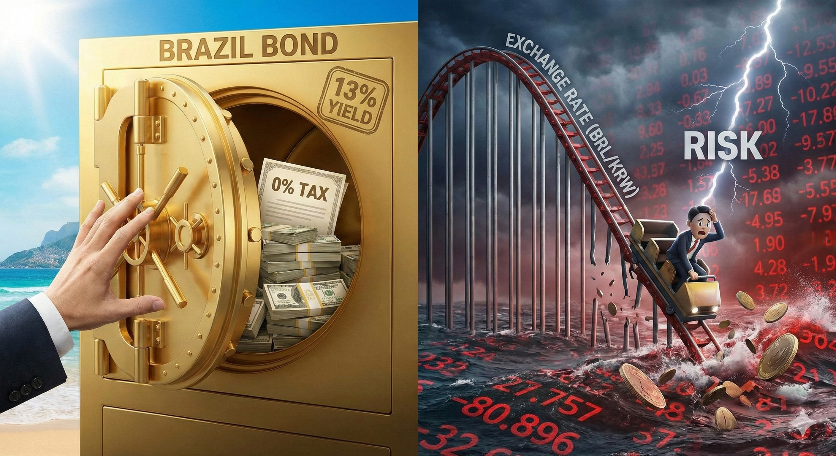 화면이 반으로 나뉜 금융 컨셉 이미지. 왼쪽은 브라질 해변을 배경으로 'BRAZIL BOND', '13% YIELD', '0% TAX'가 적힌 열린 황금 금고에 돈다발이 가득하고 정장을 입은 손이 닿고 있다. 오른쪽은 폭풍우 치는 바다 위에서 'EXCHANGE RATE (BRL/KRW)'가 적힌 무너지는 롤러코스터 레일을 타고 겁에 질린 투자자가 추락하고 있으며, 'RISK'라는 글자에 번개가 치고 붉은색 손실 숫자들이 떠다닌다.