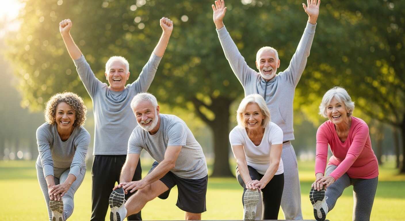 팔을 위로 올리거나 몸을 늘리는 모습 운동 후 미소 짓는 건강한 시니어