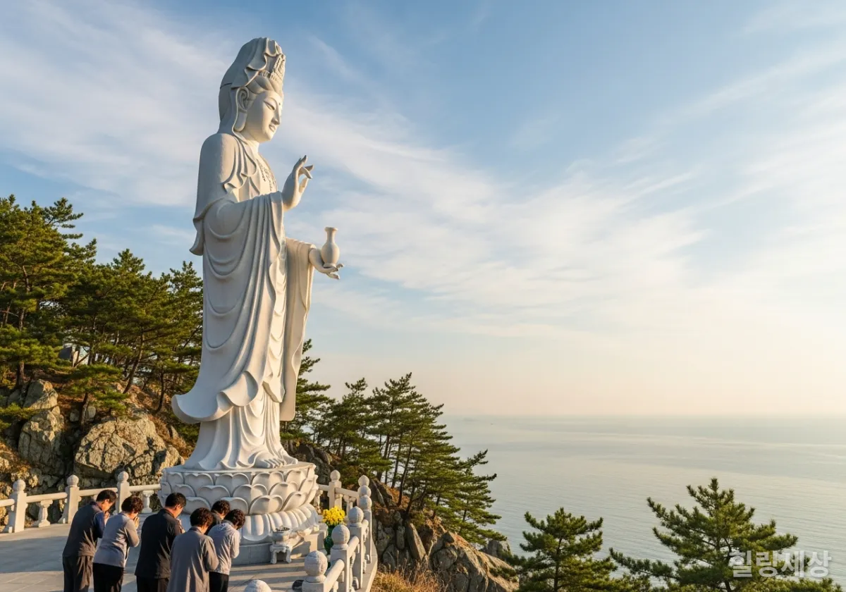 남해 보리암 해수관음상과 기도를 올리는 사람들의 평화로운 풍경