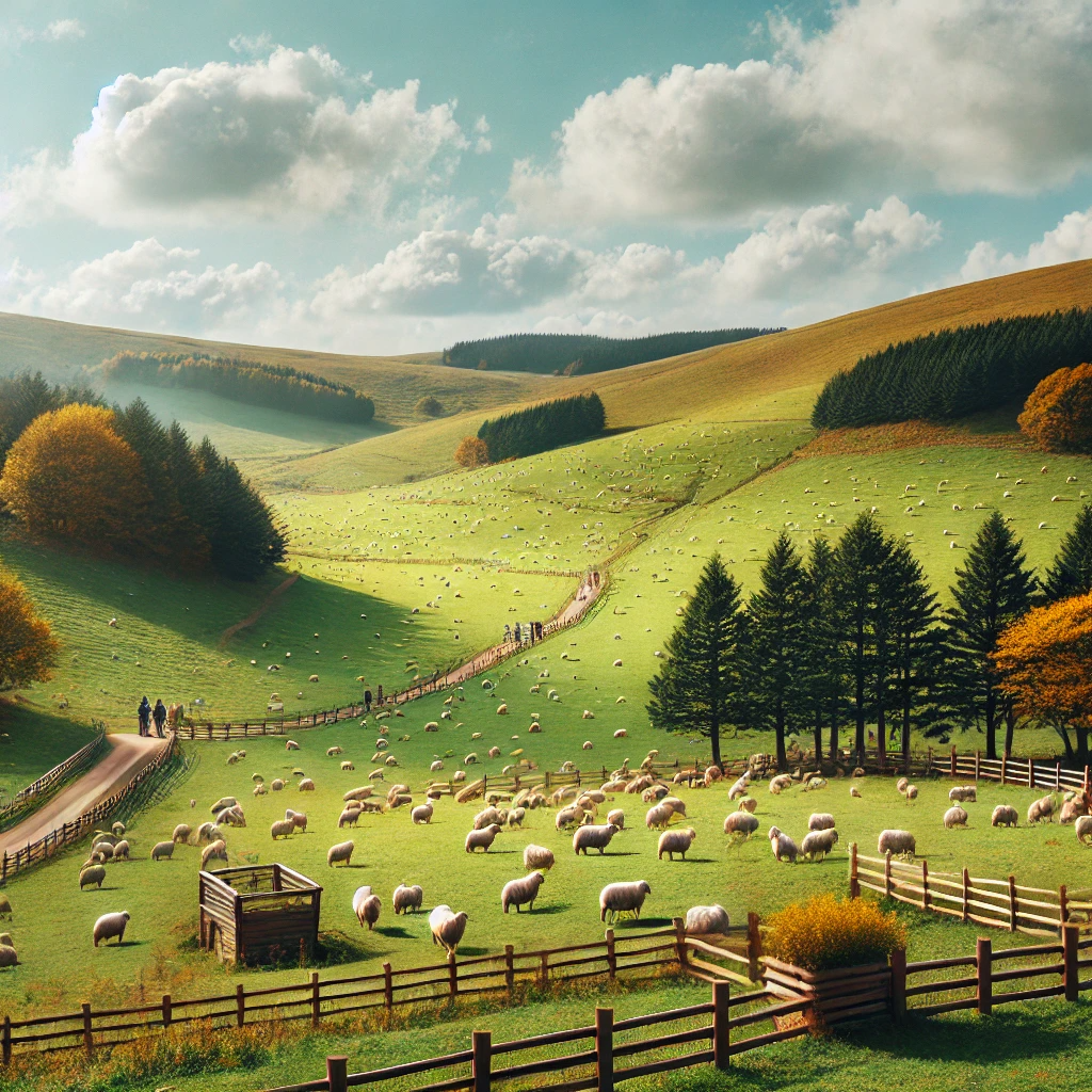 강원도 평창 대관령 양떼목장의 가을 풍경, 푸른 언덕과 양들이 한가로이 풀을 뜯는 모습