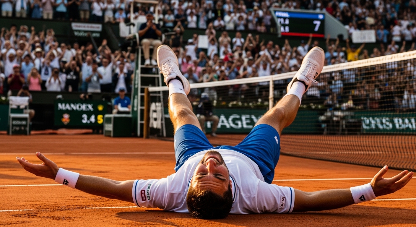 기적 같은 역전승을 거두고 코트에 누워 환호하는 선수와 기립 박수를 치는 관중들