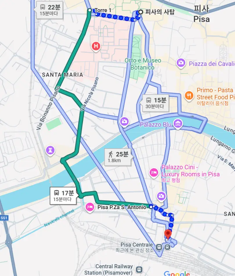 피사중앙역에서-피사의사탑-노선