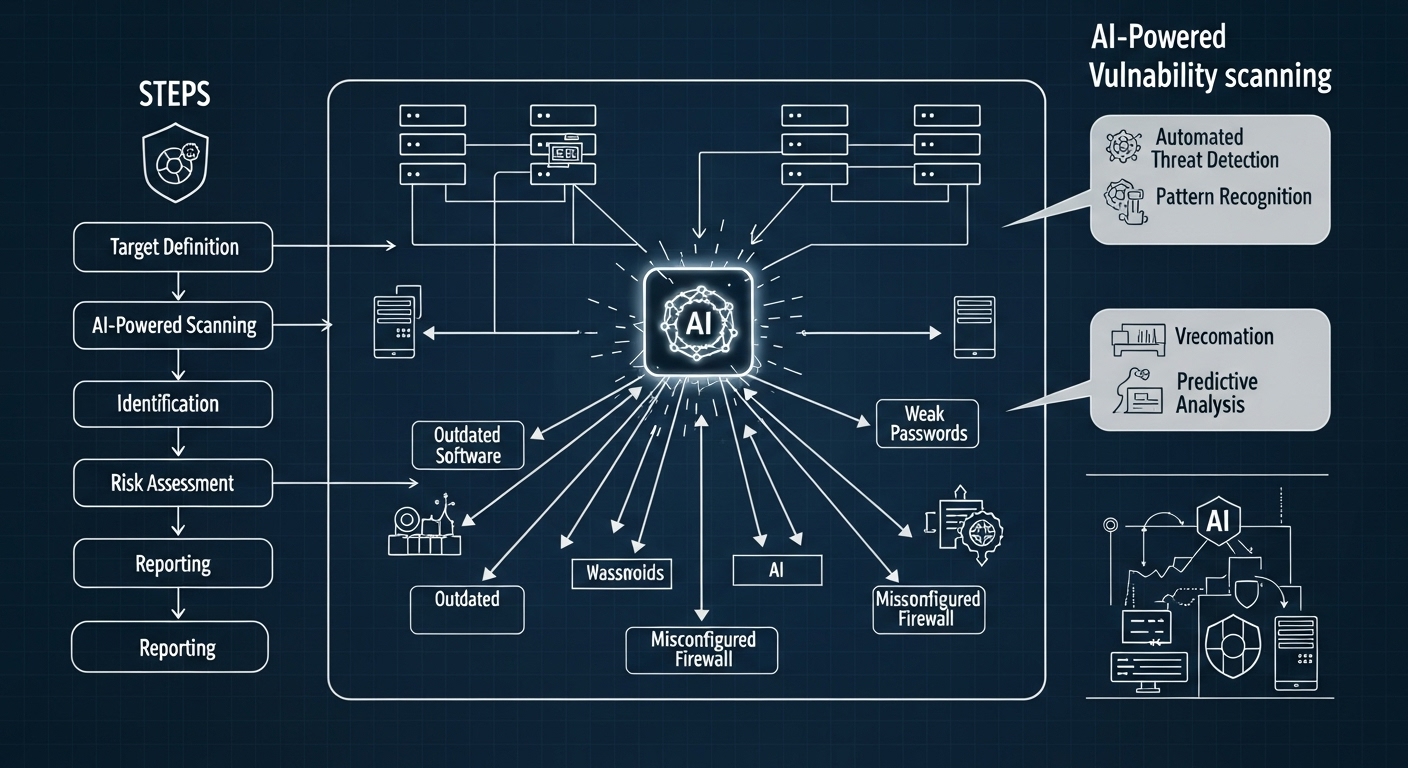인공지능 자동화 봇이 시스템의 취약점을 탐지하고 침투하는 과정을 도식화한 네트워크 보안 다이어그램