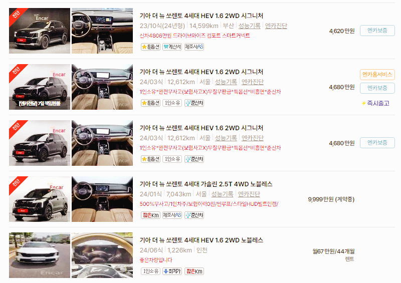 기아 쏘렌토 중고차 가격 시세표 24년10월