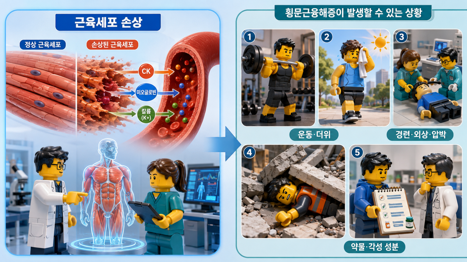 횡문근융해증의 정의와 발생 상황 및 골격근 손상 원인을 비교한 의료 인포그래픽