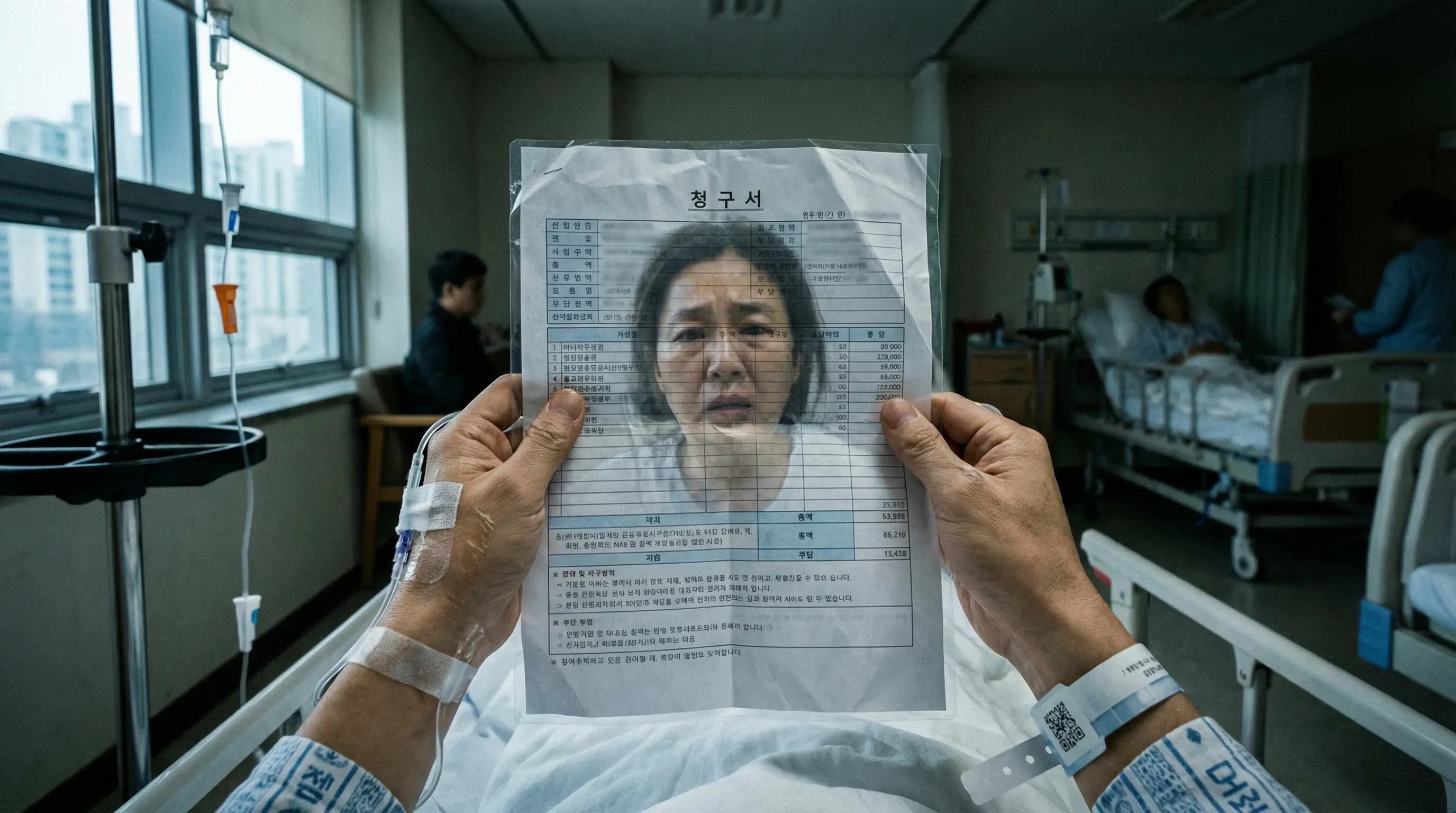 병원 입원실 침대에 누워 병원비 청구서를 걱정스럽게 바라보는 환자의 시점