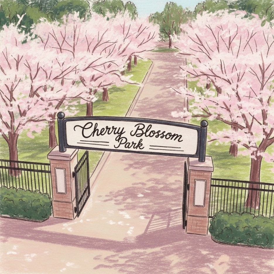 공원 입구부터 이어지는 화사한 겹벚꽃 산책로 전경