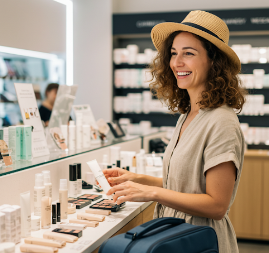 한 여성이 여행을 위해 미니멀 화장품을 고르고 있는 모습