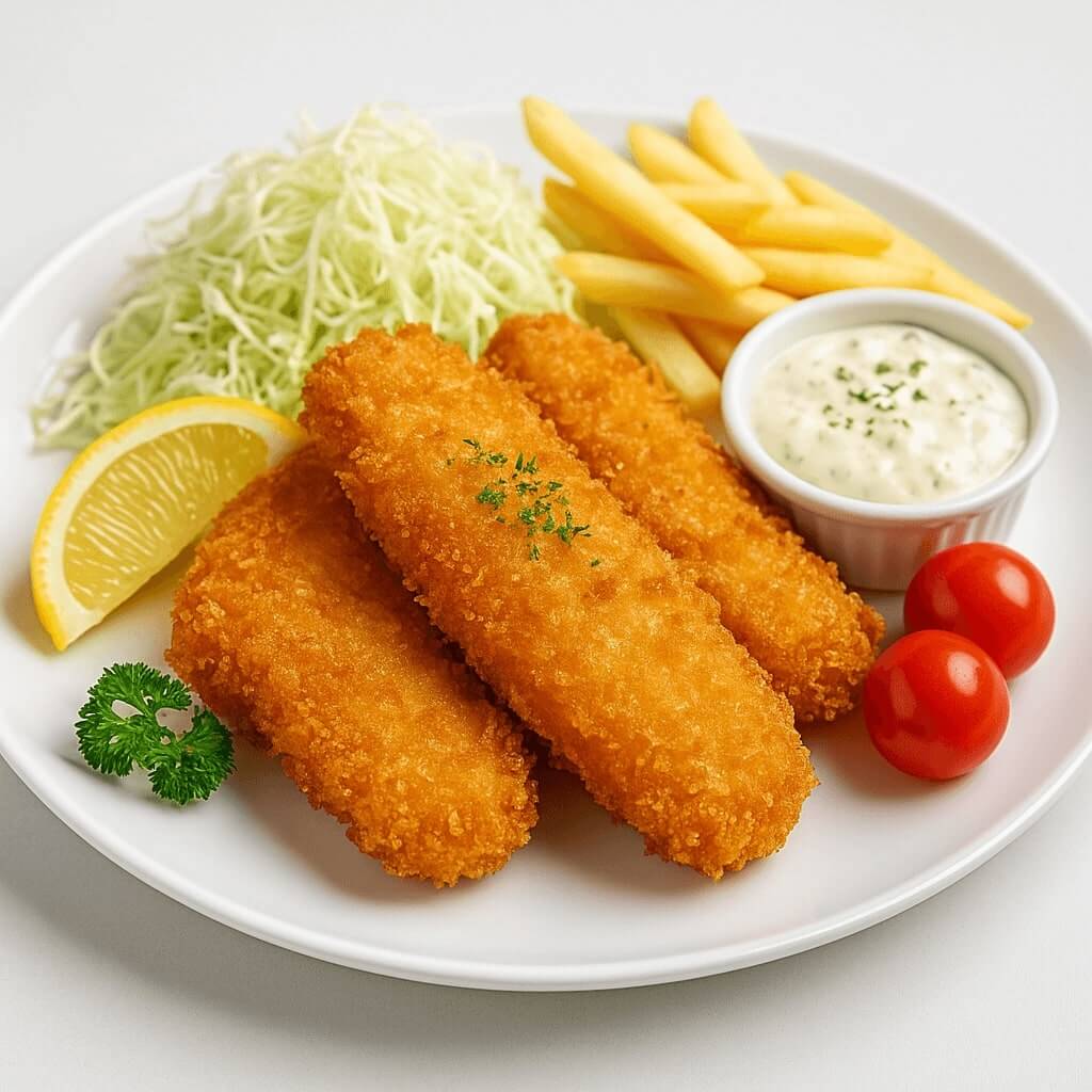 맛있게 잘 튀겨진 뒤 여러 반찬과 함께 플레이팅 된 생선까스