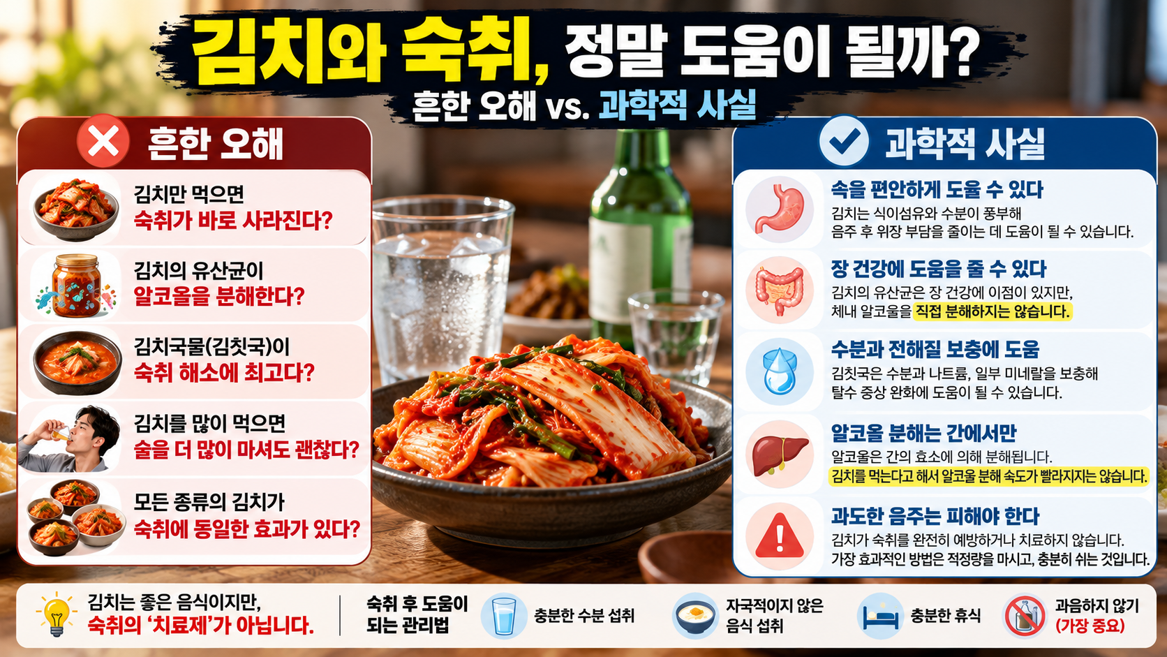 김치가 숙취 해소에 도움이 되는지 설명하는 건강 정보 인포그래픽