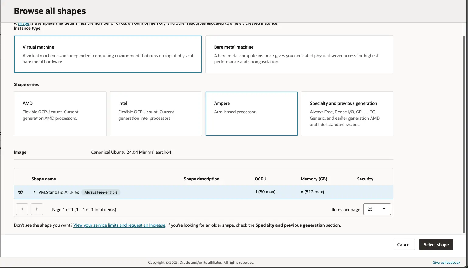 오라클 클라우드 - Compute - Create Instances - Basic Information - Image and shape - Shape - Ampere - VM.Standard.A1.Flex