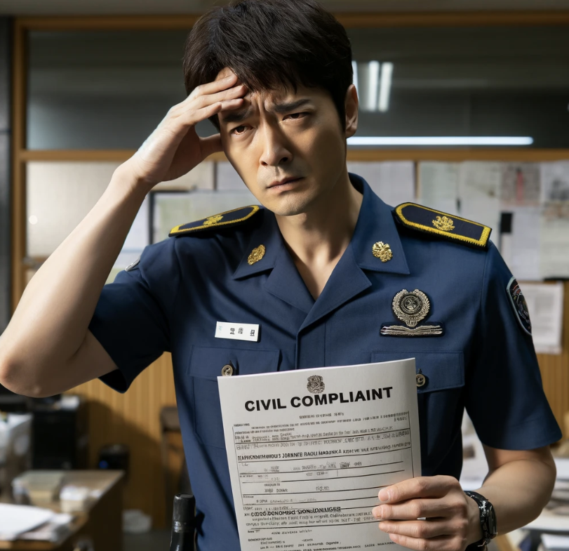 경찰관, 남자 경찰관, 민원서류, 스트레스 받은 경찰관, 힘들어함
