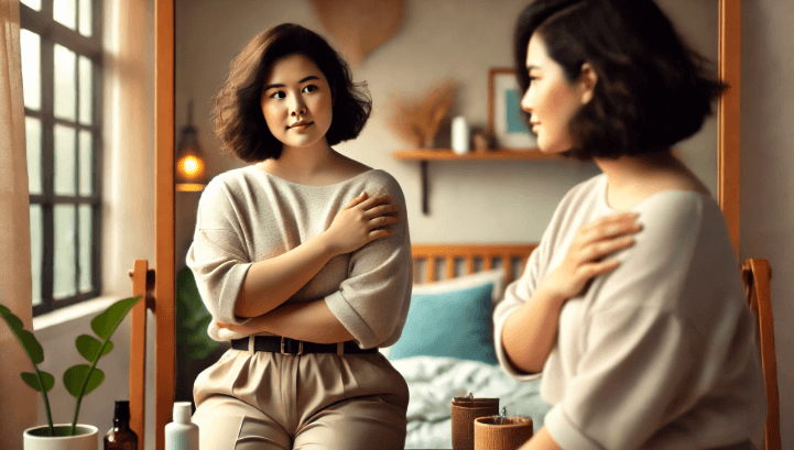 거울앞에서 살 때문에 걱정이 많은 여성