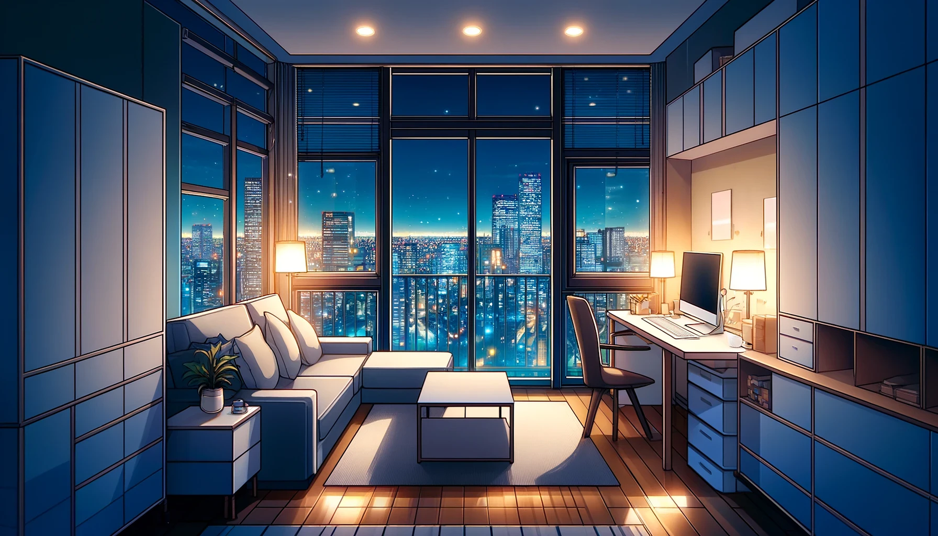 창가에 야경이 멋지게 보이는 작은 방 사진