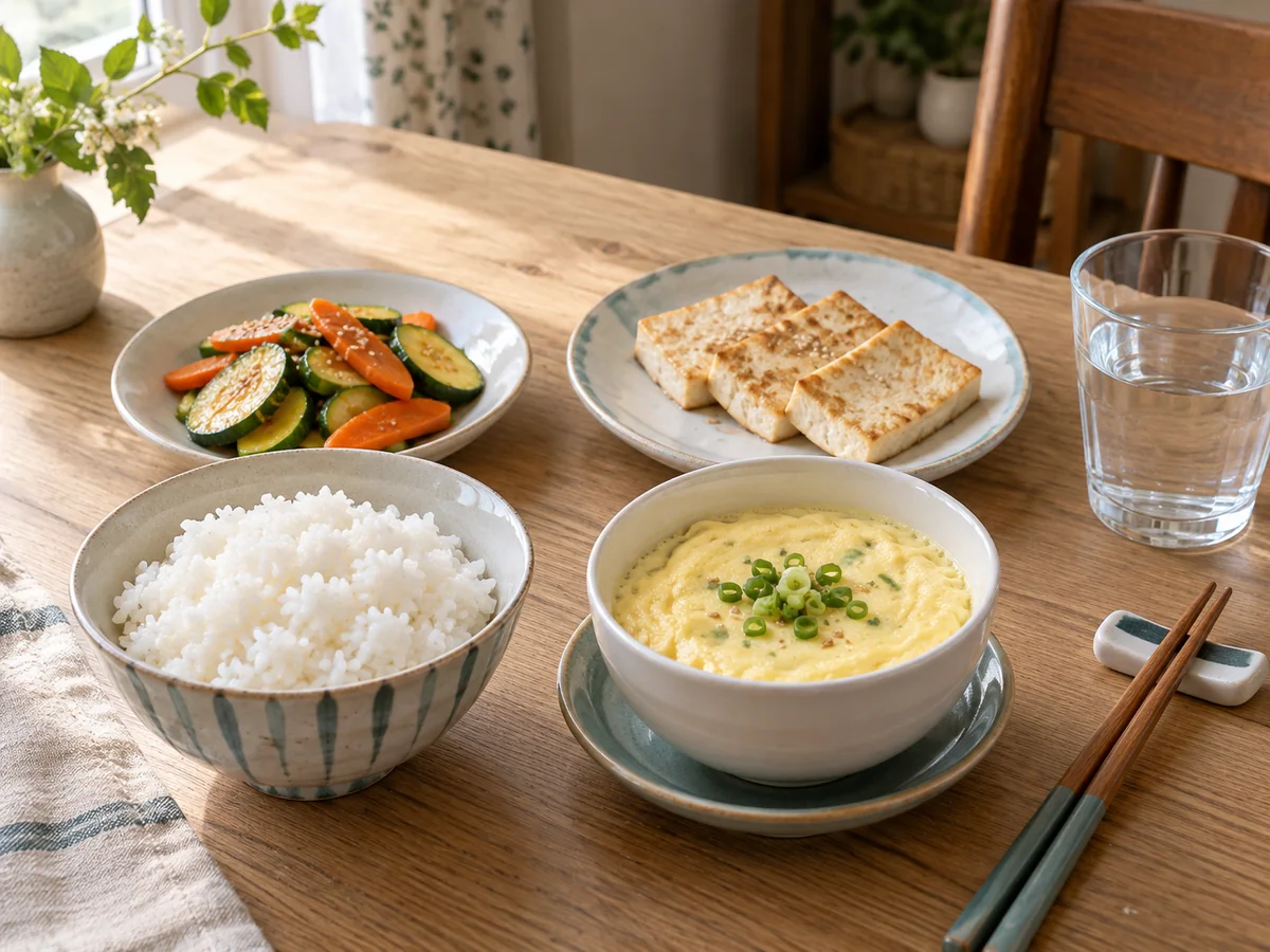 밥과 달걀찜, 따뜻한 두부와 익힌 채소를 함께 준비한 간단한 아침 식탁