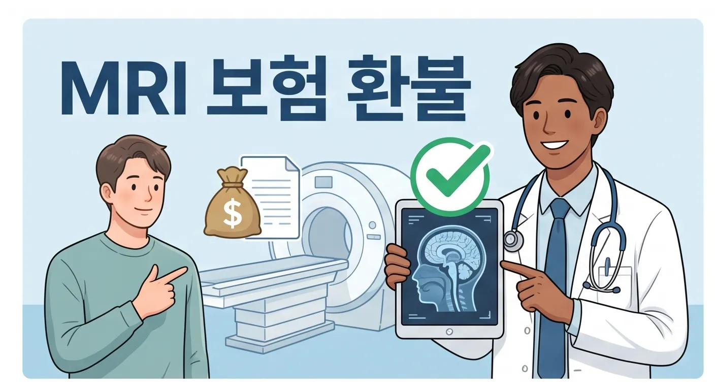 의사가 뇌 MRI 검사 결과를 설명하며 MRI 보험 환불 승인을 안내하는 일러스트
