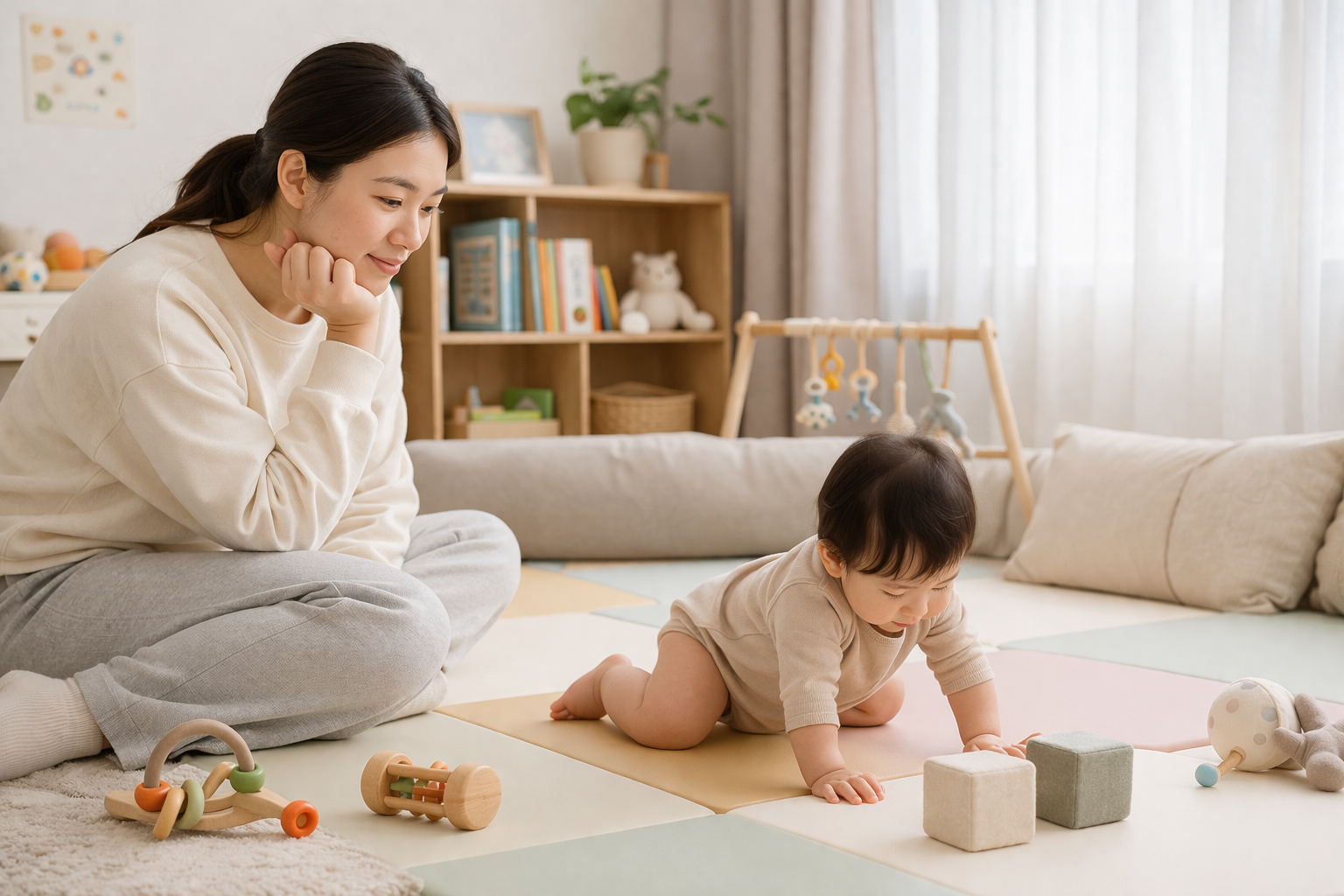 영아전환기 아기를 지켜보며 기다리는 보호자 모습