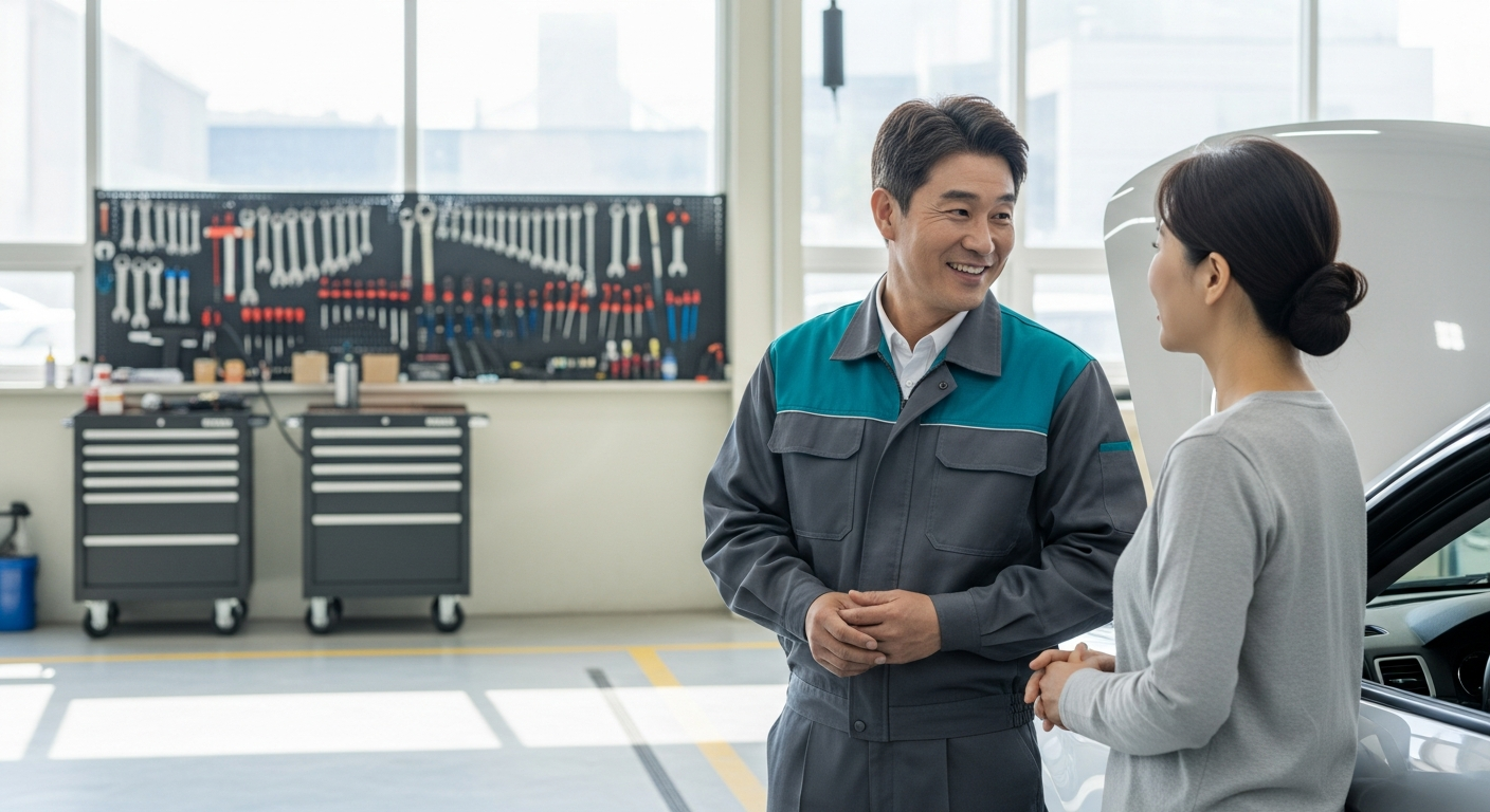 밝고 깨끗한 공식 자동차 서비스 센터에서 친절한 한국인 남성 정비사가 50대 여성 고객에게 그녀의 은색 차 옆에서 수리 내용에 대해 설명하고 있다.