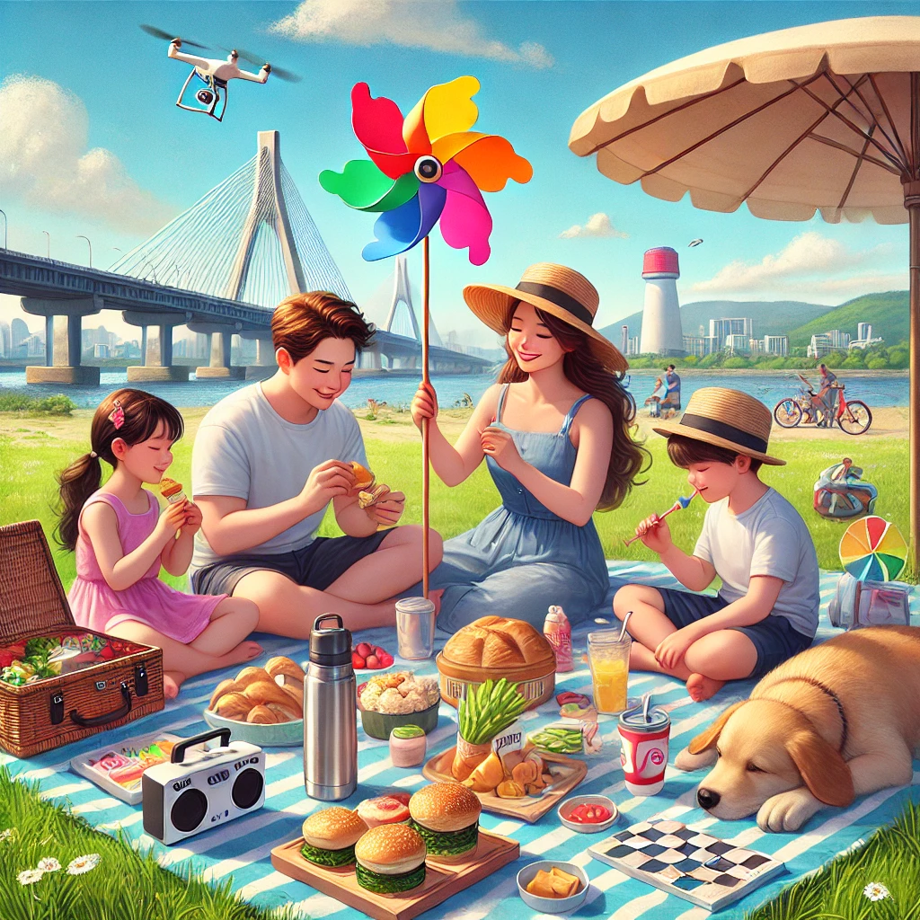 한강 피크닉을 즐기고 있는 가족들