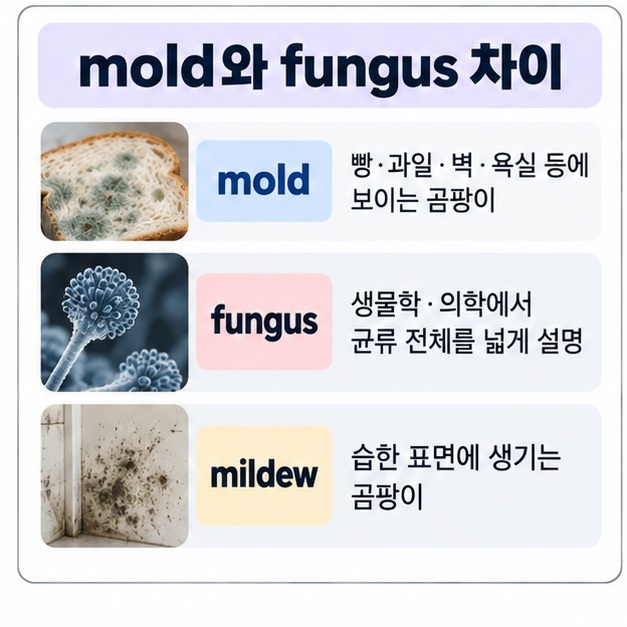 mold는 일상 곰팡이 fungus는 균류 전체 mildew는 표면 곰팡이로 구분한 이미지