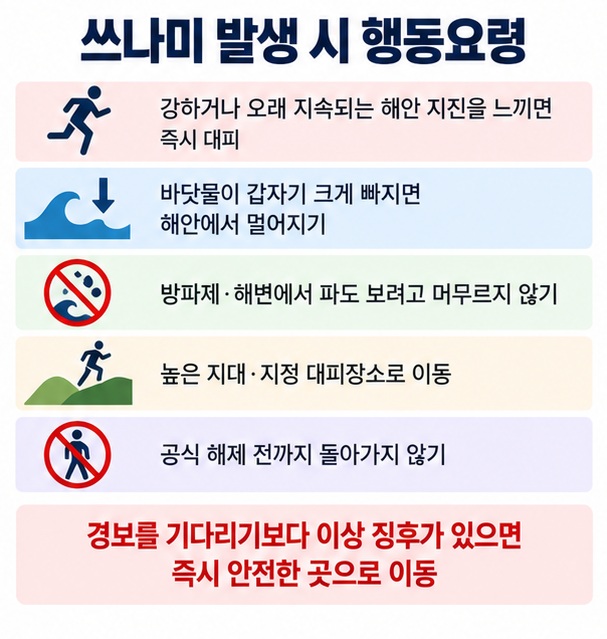 강한 지진, 바닷물 급격한 후퇴, 높은 곳 대피, 첫 파도 이후에도 해제 전까지 돌아가지 않는 안전수칙 이미지