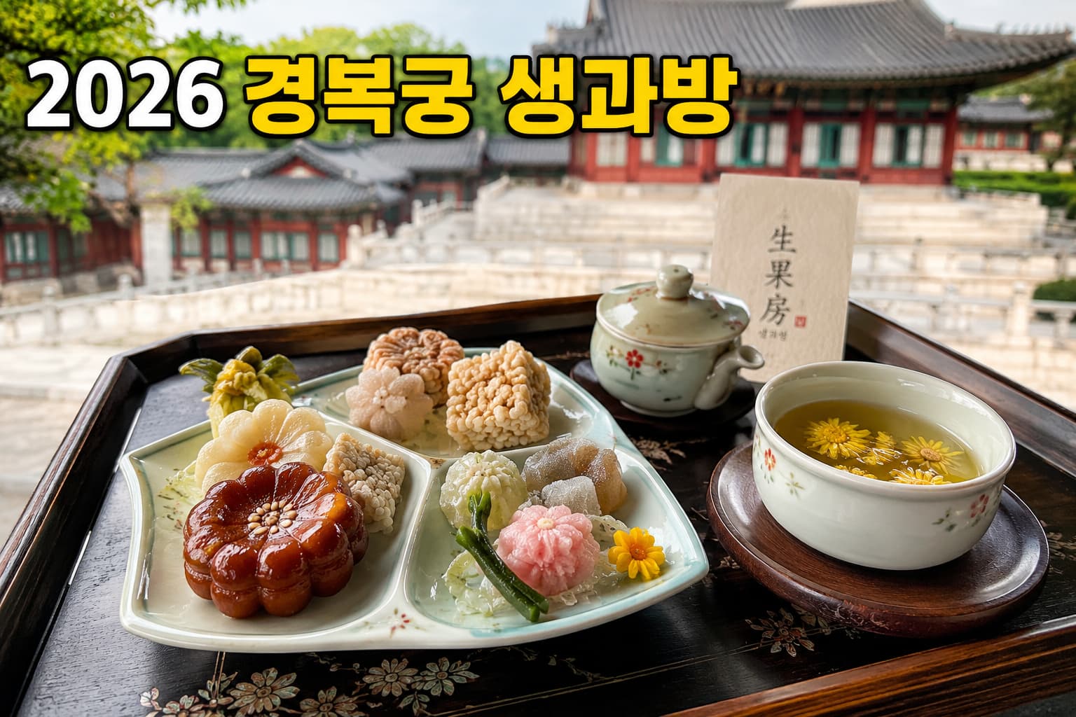 경복궁 배경과 궁중 다과 및 감국다가 담긴 2026 경복궁 생과방 안내 썸네일 이미지