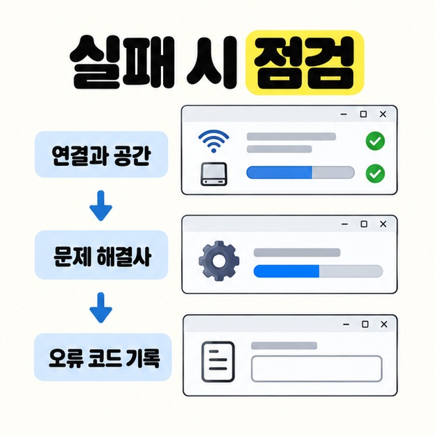 연결과 공간 확인, 문제 해결사 실행, 오류 코드 기록 순서를 네트워크와 저장 공간 표시 및 진단 화면으로 보여 주는 점검 안내