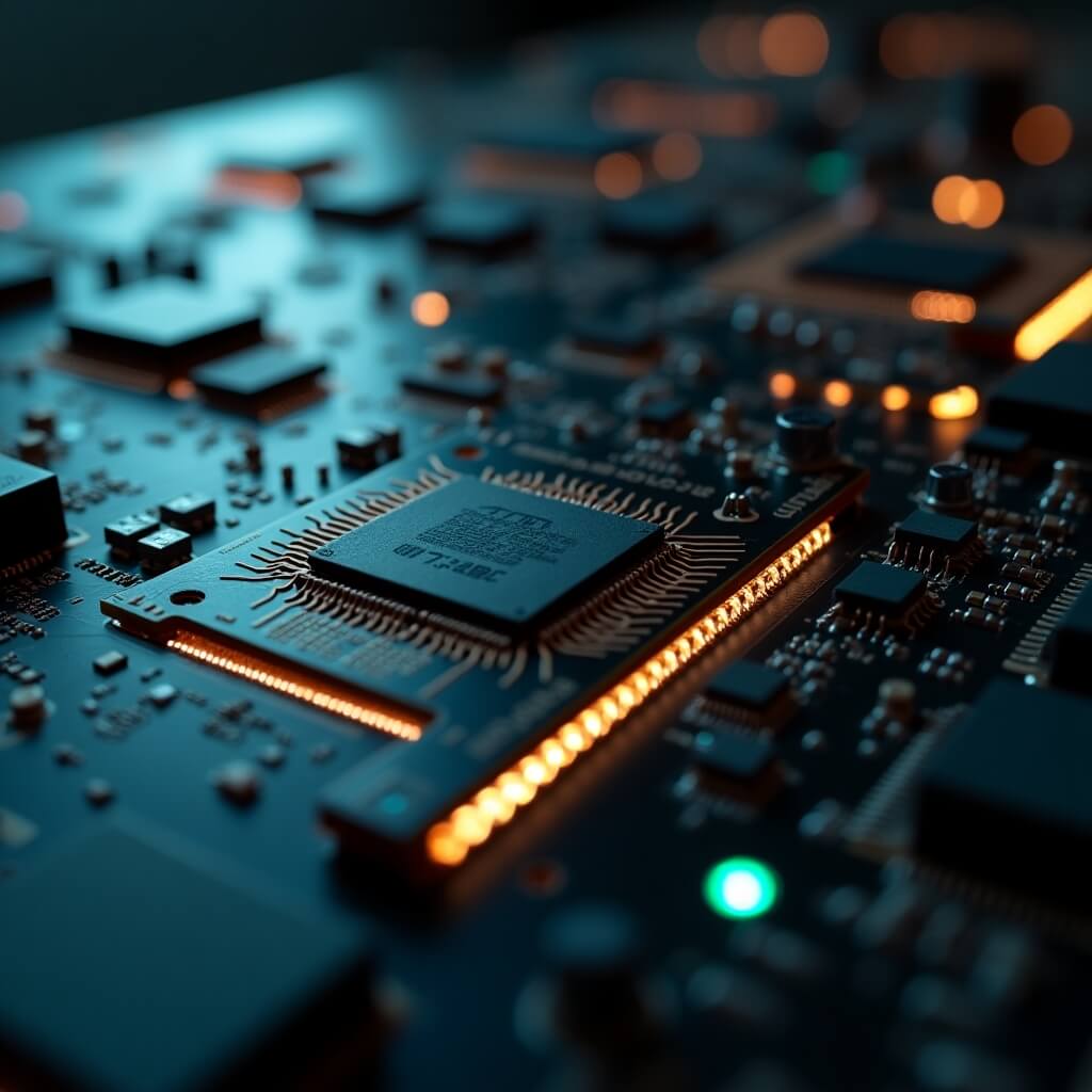 실시간 양자오류정정: FPGA/SoC 보드를 초근접 촬영한 산업 매크로 이미지로 미래적인 색감으로 표현.