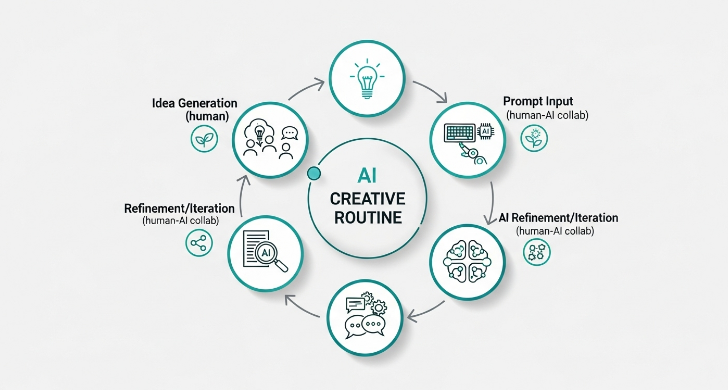 아이디어 구상부터 AI 생성, 수정, 공유까지 이어지는 AI 기반 창작 활동 루틴의 순환 과정을 보여주는 인포그래픽.