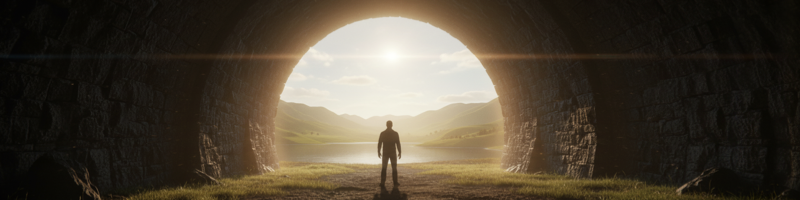 긴 허리통증, 무릎 통증의 고통에서 스본스도를 만나 벗어난 모습을 보여주는 한 남자가 터널 입구에 서 과거를 돌아보는 모습