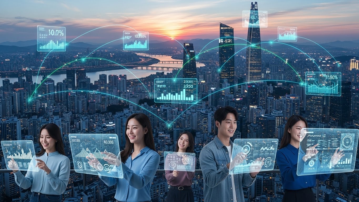 2026년 한국 경제 회복과 AI 기술이 융합된 미래 도시 풍경