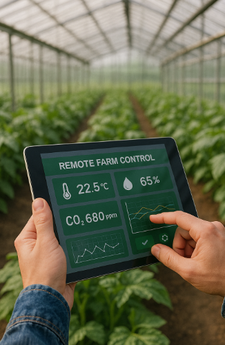 원격 제어 앱이 실행된 태블릿을 들고 온실 내 작물 환경을 실시간으로 조절하는 모습